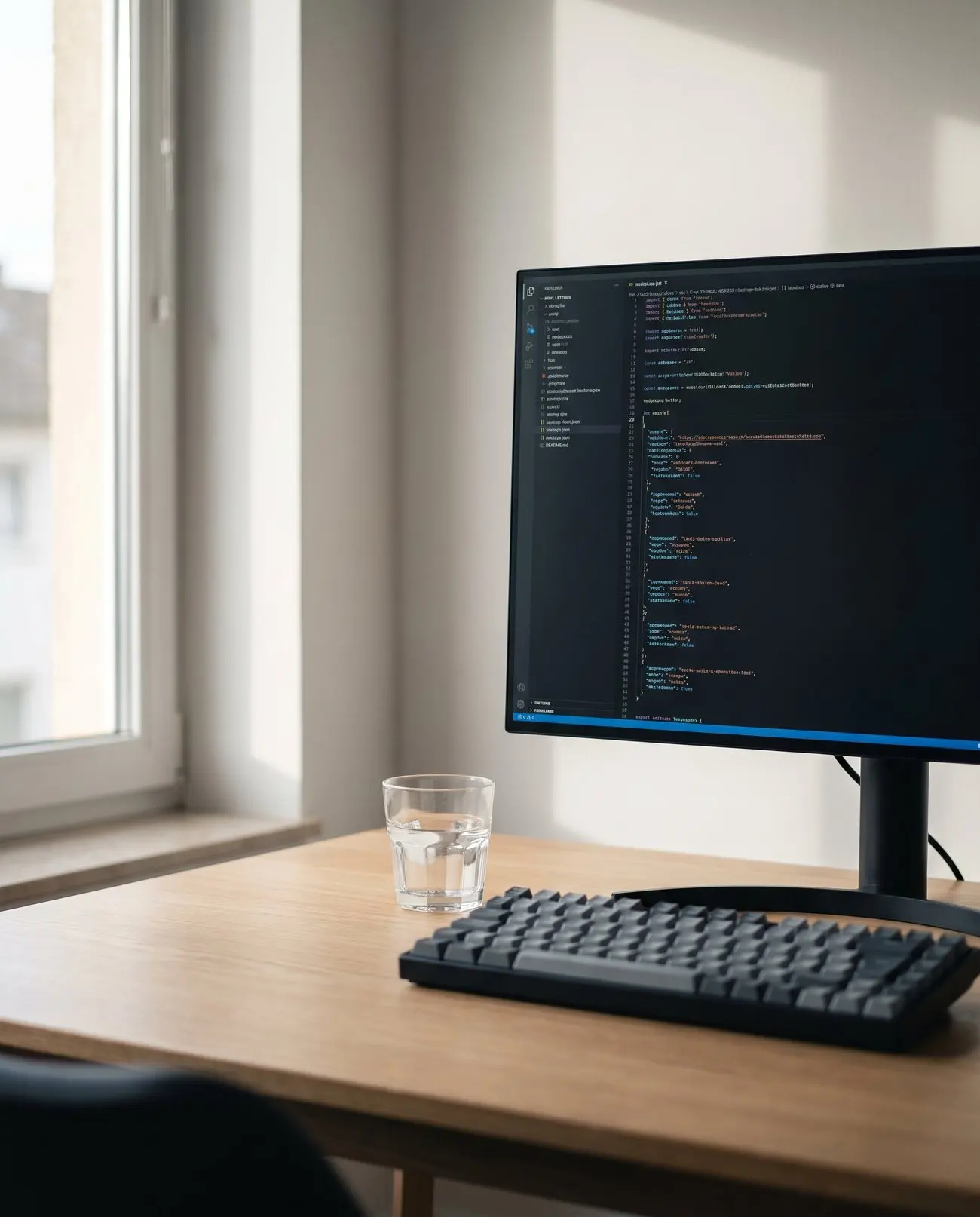 Mesa com um monitor mostrando código e documentação