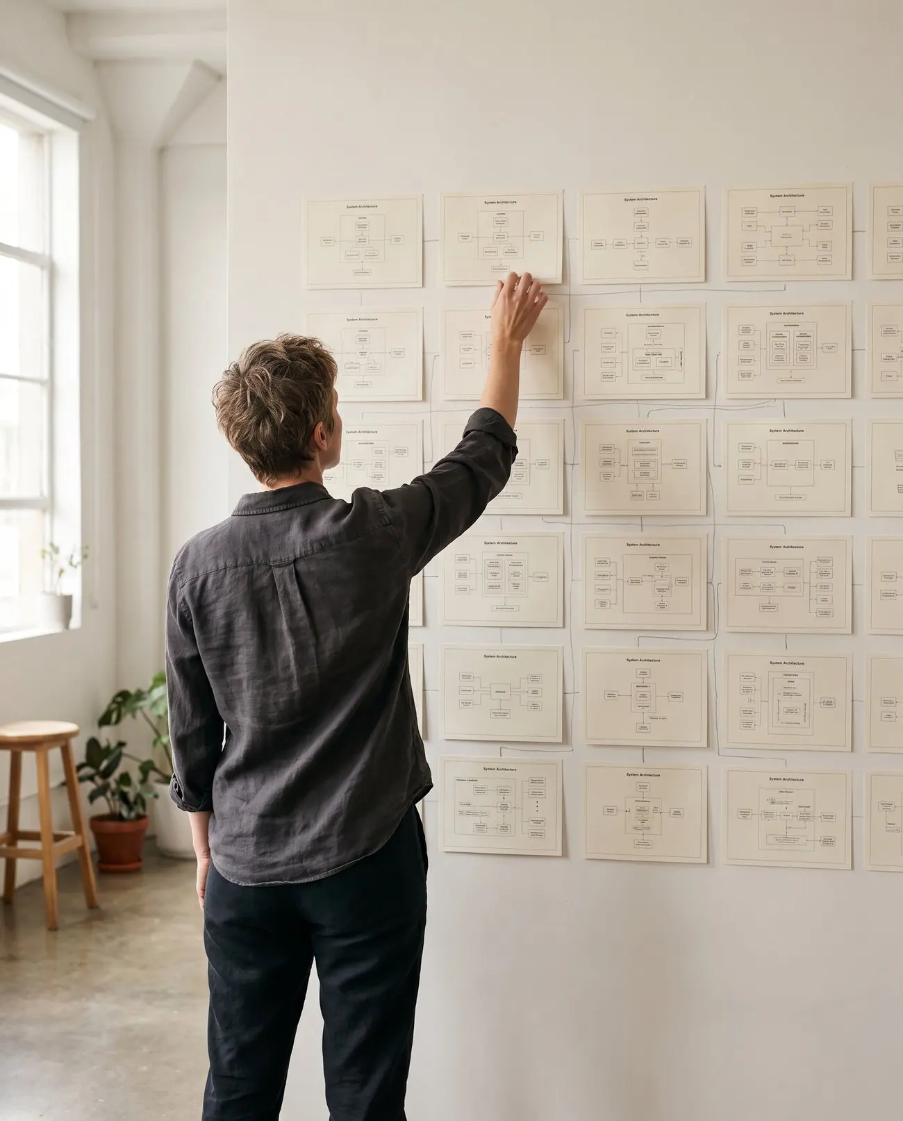 Pessoa reorganizando diagramas de sistema impressos em uma parede